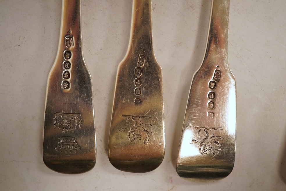 A matched set of six George III fiddle pattern silver table forks, all London, 1810, various makers, including three by Godbehere, Wigan and Bolt, 13.7oz.
